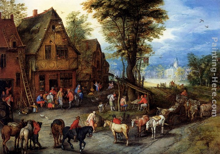 A Village Street With The Holy Family Arriving At An Inn painting - Jan the elder Brueghel A Village Street With The Holy Family Arriving At An Inn art painting